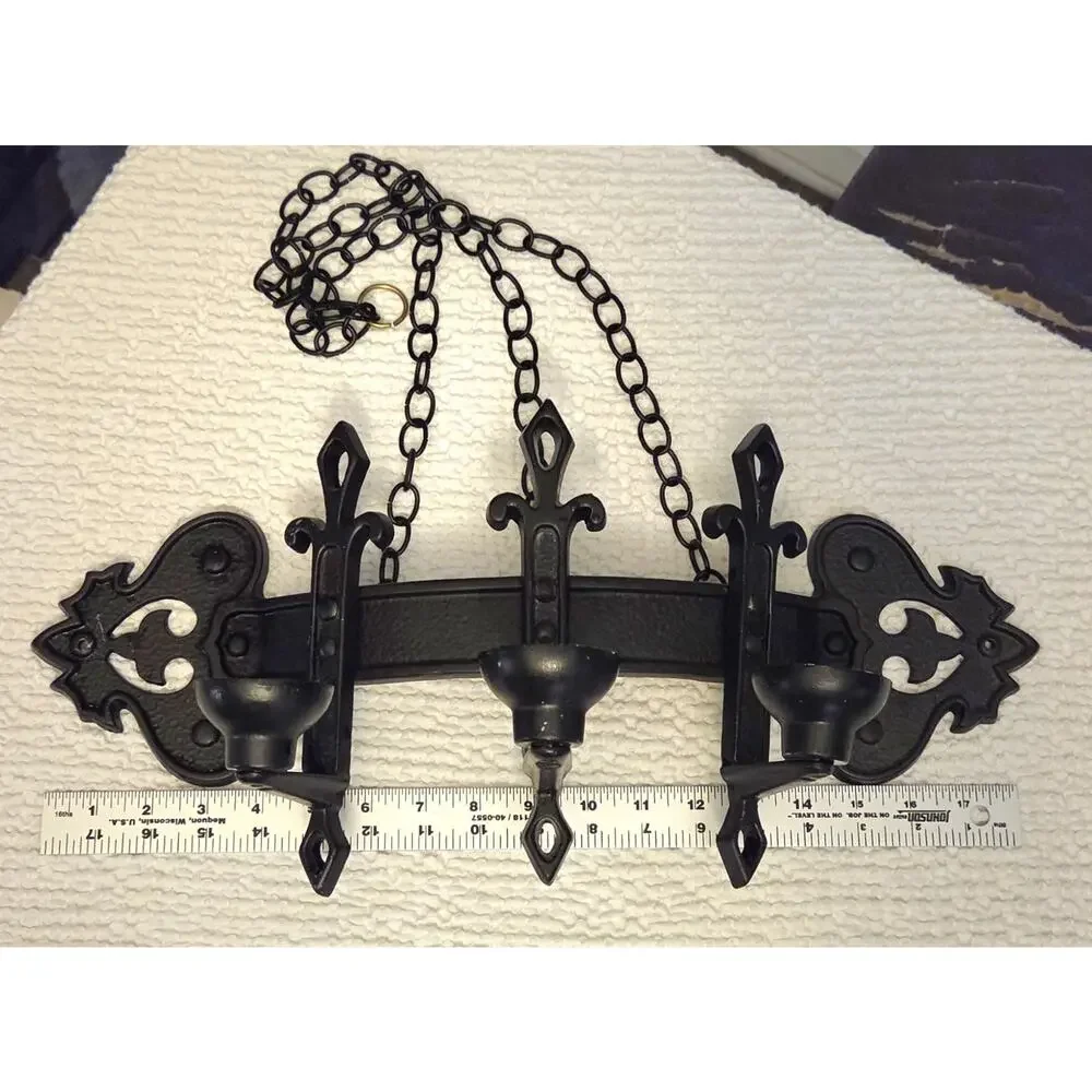 Gothic Wall Sconce 1960s 3 Candle Holders Chains Heavy Black Cast Metal